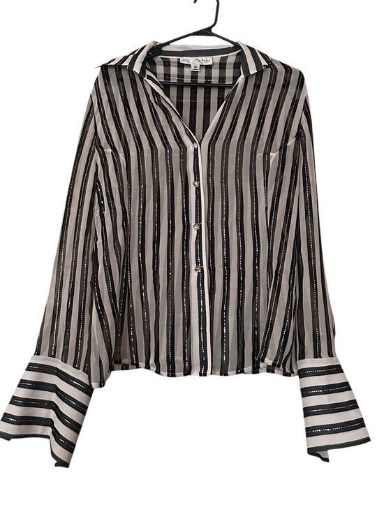 St. John Collection Tops - St. John Black & White Sheer‎ Silk Striped Button-Down Blouse Size 10 📦